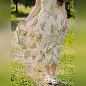 Happy Earth Tulip Green and Cream Floral Maxi Dress XS 100% Cotton